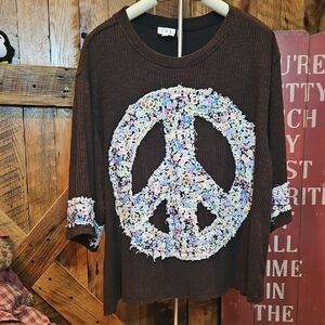 POL Brown Top with Multicolor Peace Sign